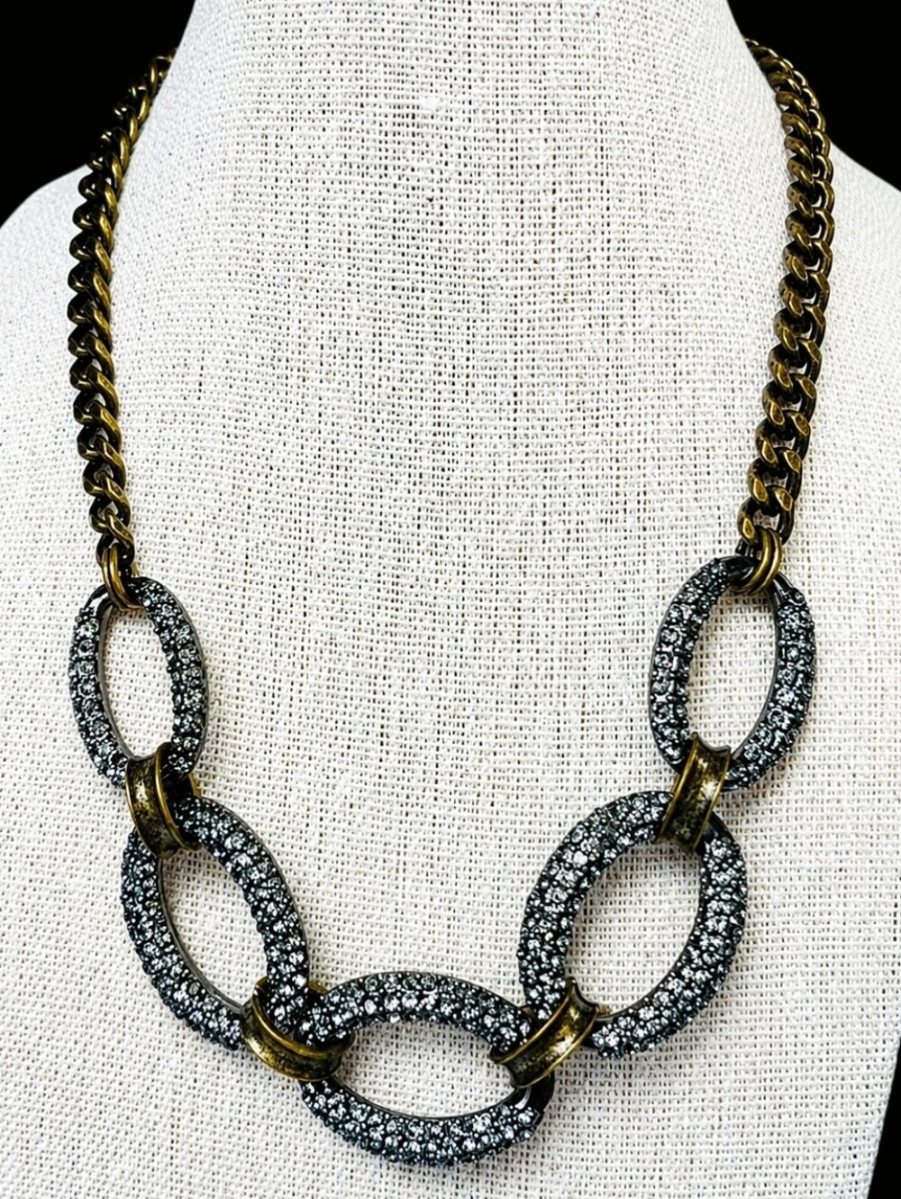Dark Brass Antiqued Pave Dark Grey Smoke Rhinestones Link Chain Necklace LOFT